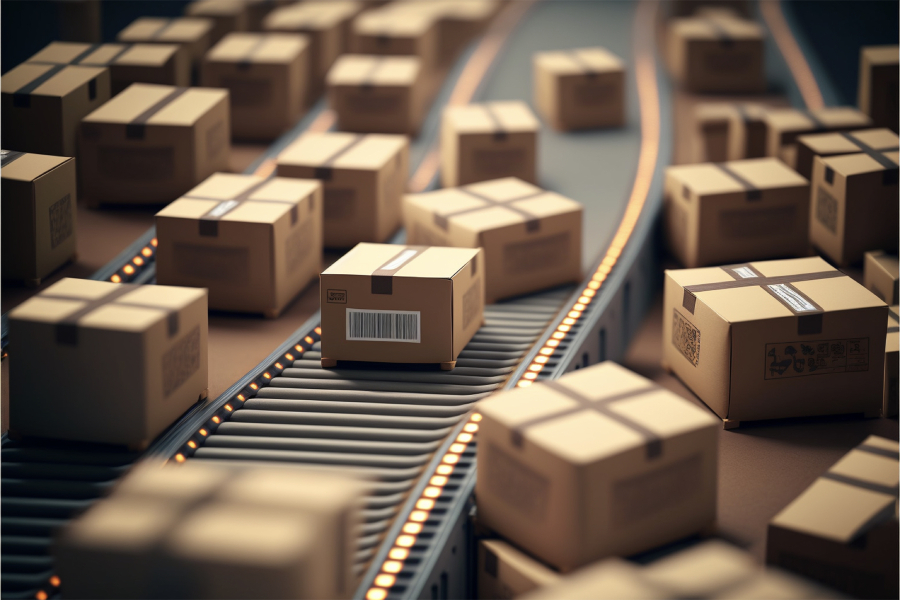 cartons défilants sur un tapis roulant